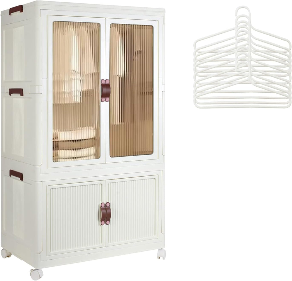 Collapsible Rolling Plastic Wardrobe with Doors & Hanging Rod