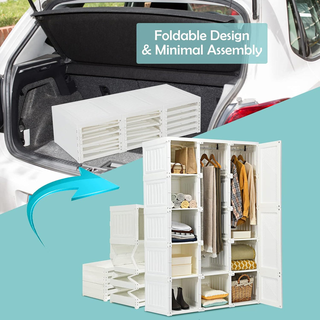 Portable Foldable Wardrobe with Magnetic Doors & Hanging Rods