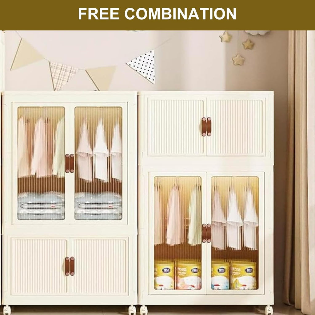 Collapsible Rolling Plastic Wardrobe with Doors & Hanging Rod