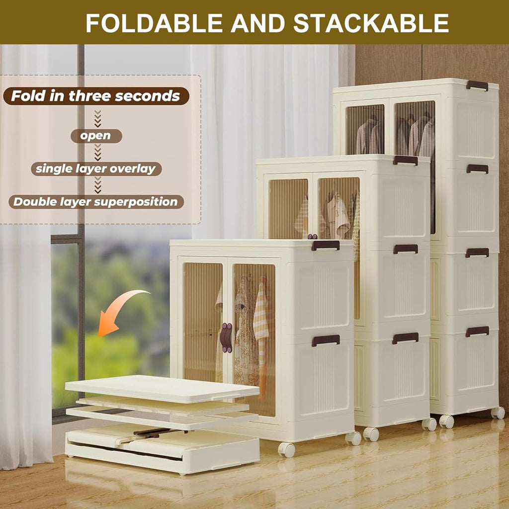Collapsible Rolling Plastic Wardrobe with Doors & Hanging Rod