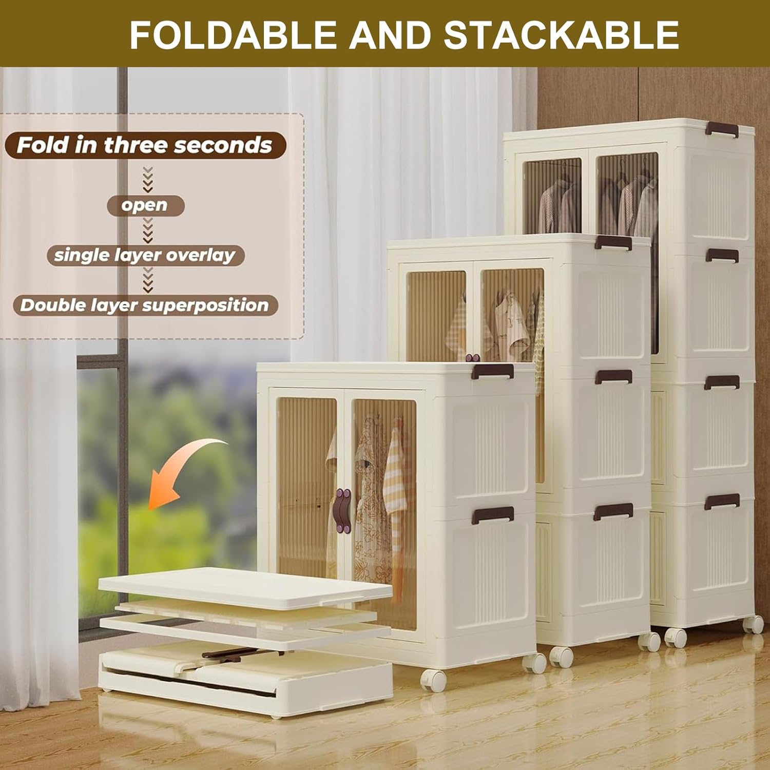 Collapsible Rolling Plastic Wardrobe with Doors & Hanging Rod