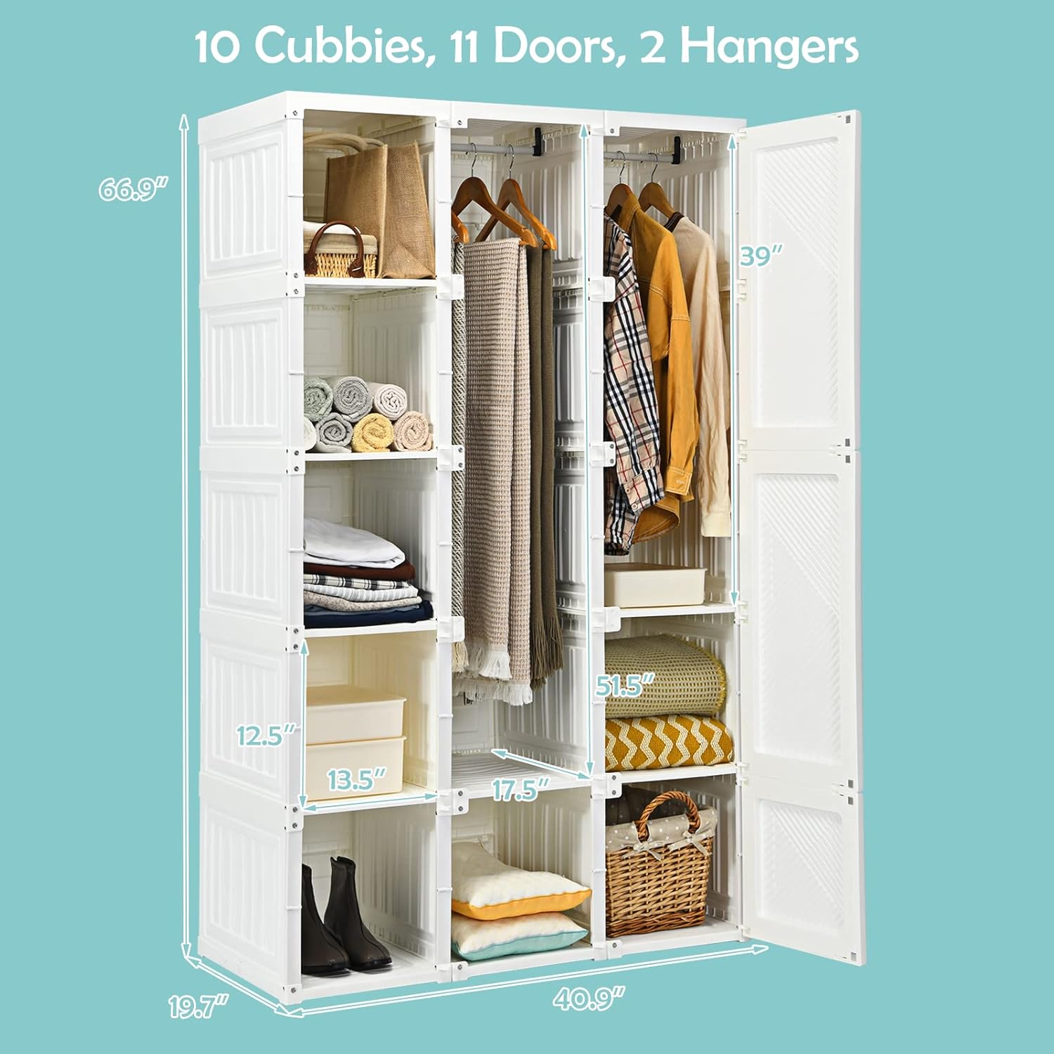 Portable Foldable Wardrobe with Magnetic Doors & Hanging Rods