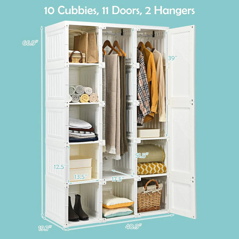 Portable Foldable Wardrobe with Magnetic Doors & Hanging Rods