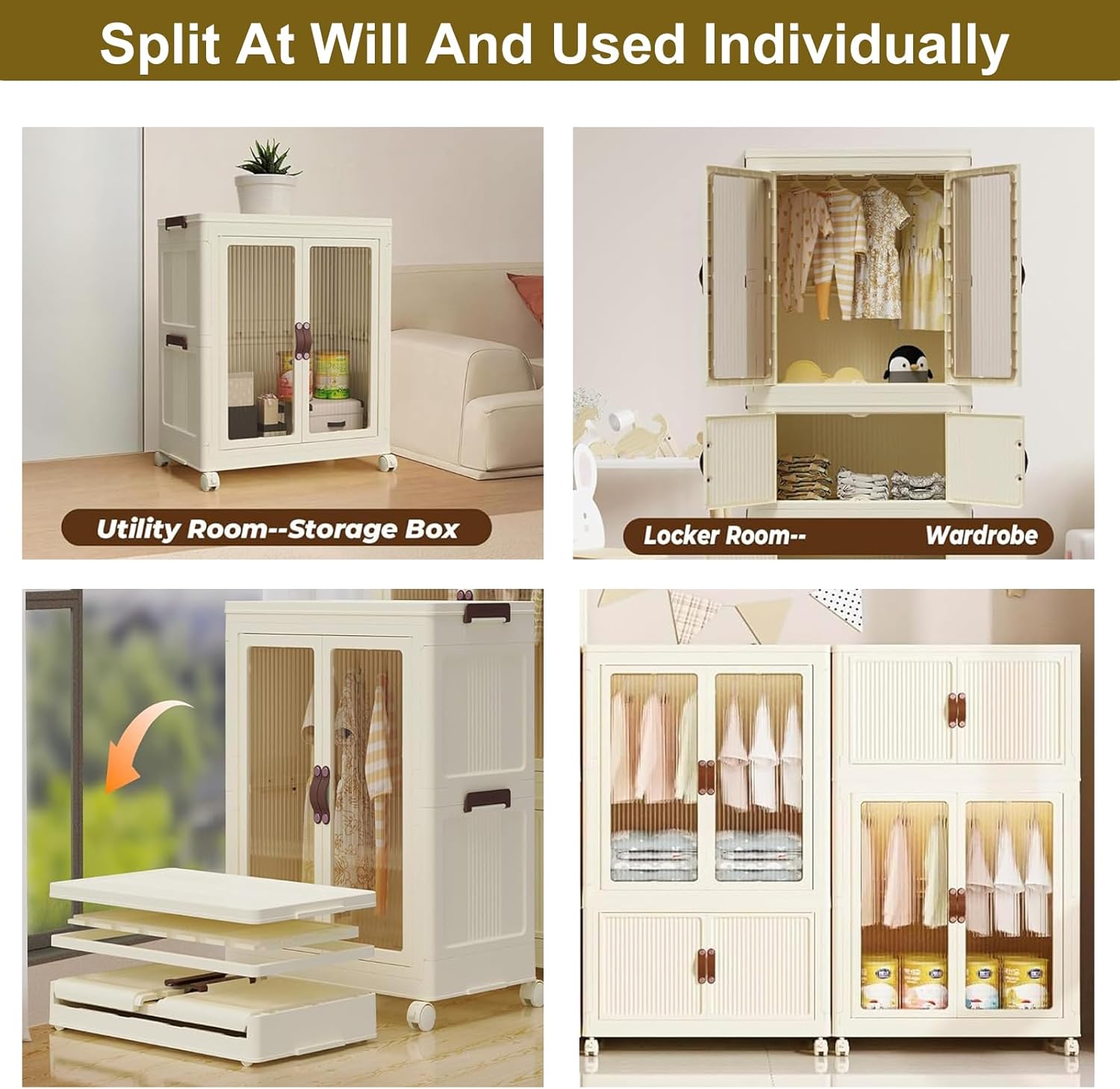 Collapsible Rolling Plastic Wardrobe with Doors & Hanging Rod