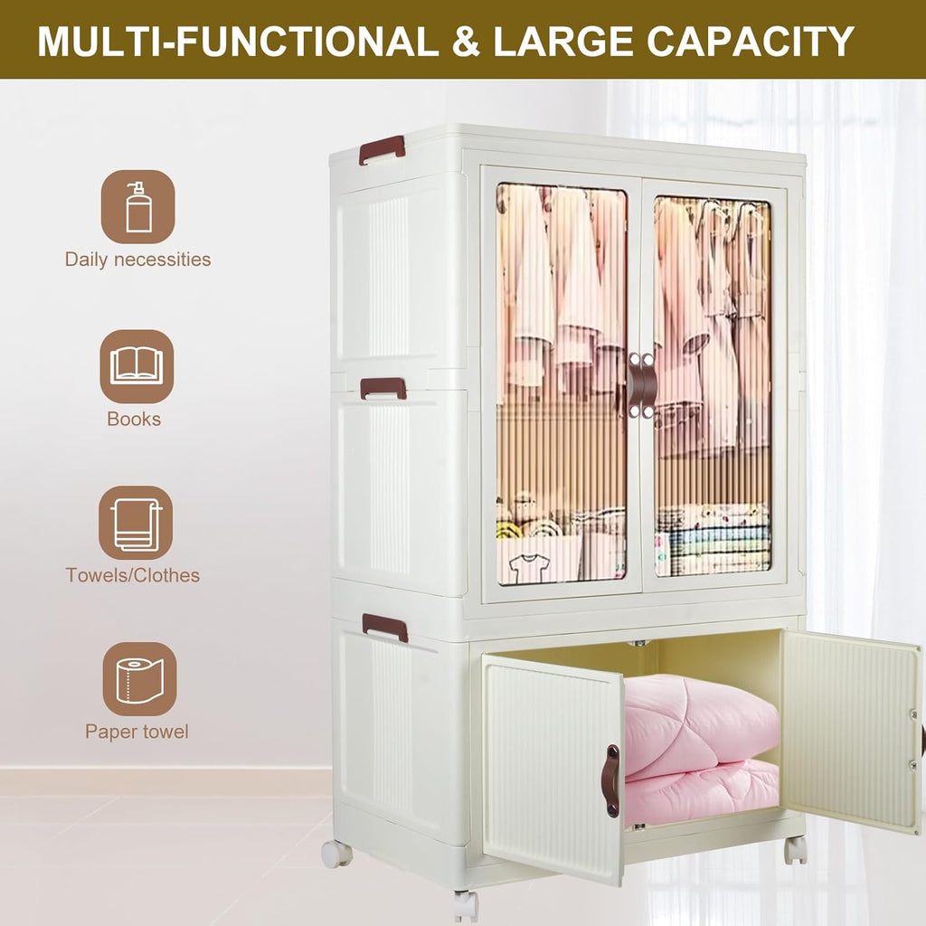 Collapsible Rolling Plastic Wardrobe with Doors & Hanging Rod