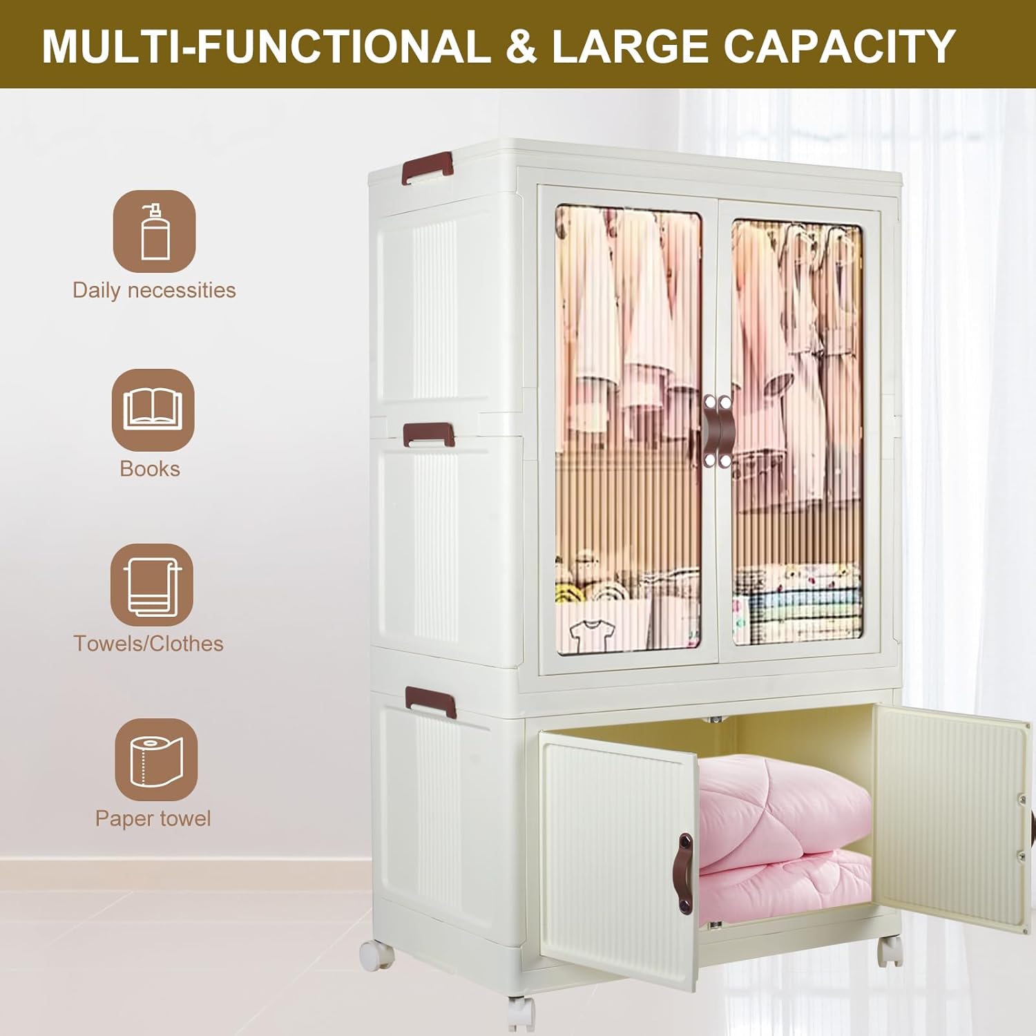 Collapsible Rolling Plastic Wardrobe with Doors & Hanging Rod