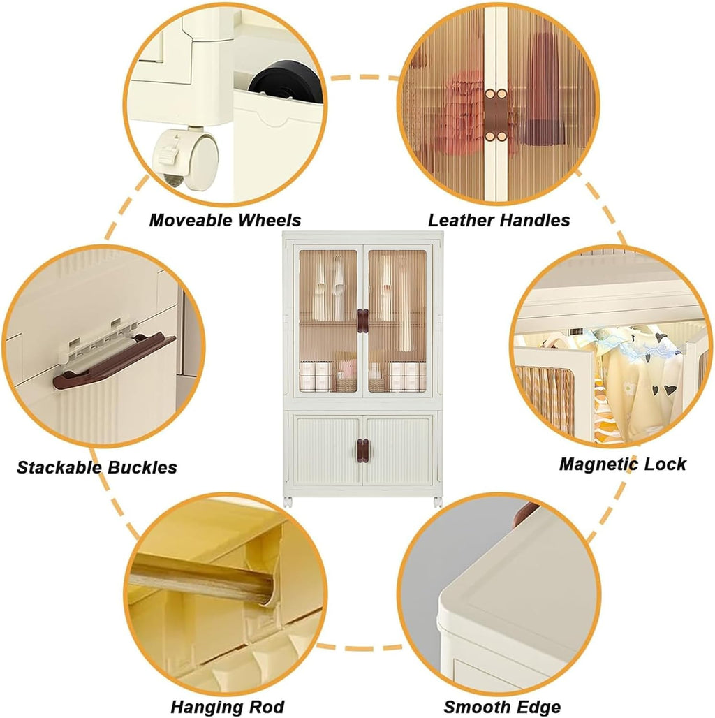 Collapsible Rolling Plastic Wardrobe with Doors & Hanging Rod
