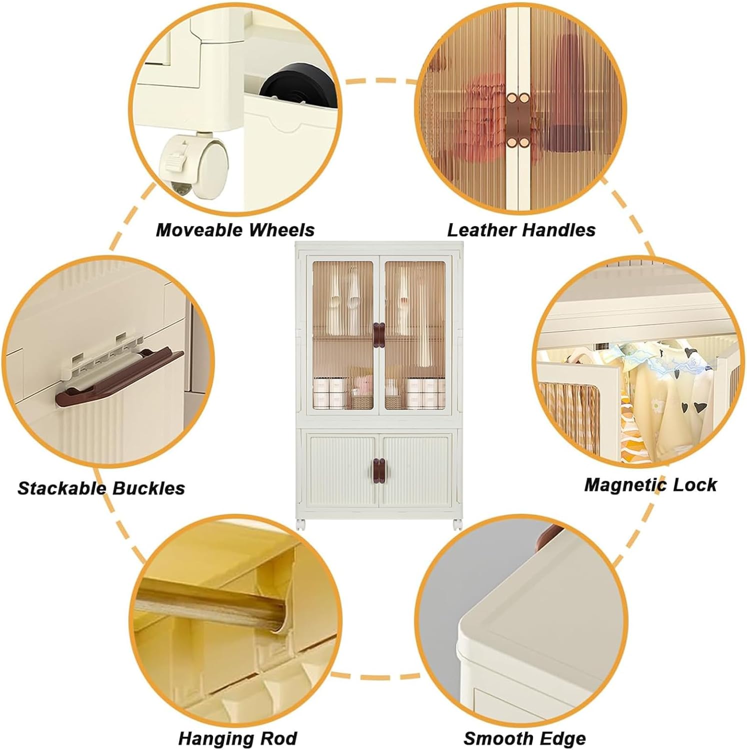 Collapsible Rolling Plastic Wardrobe with Doors & Hanging Rod