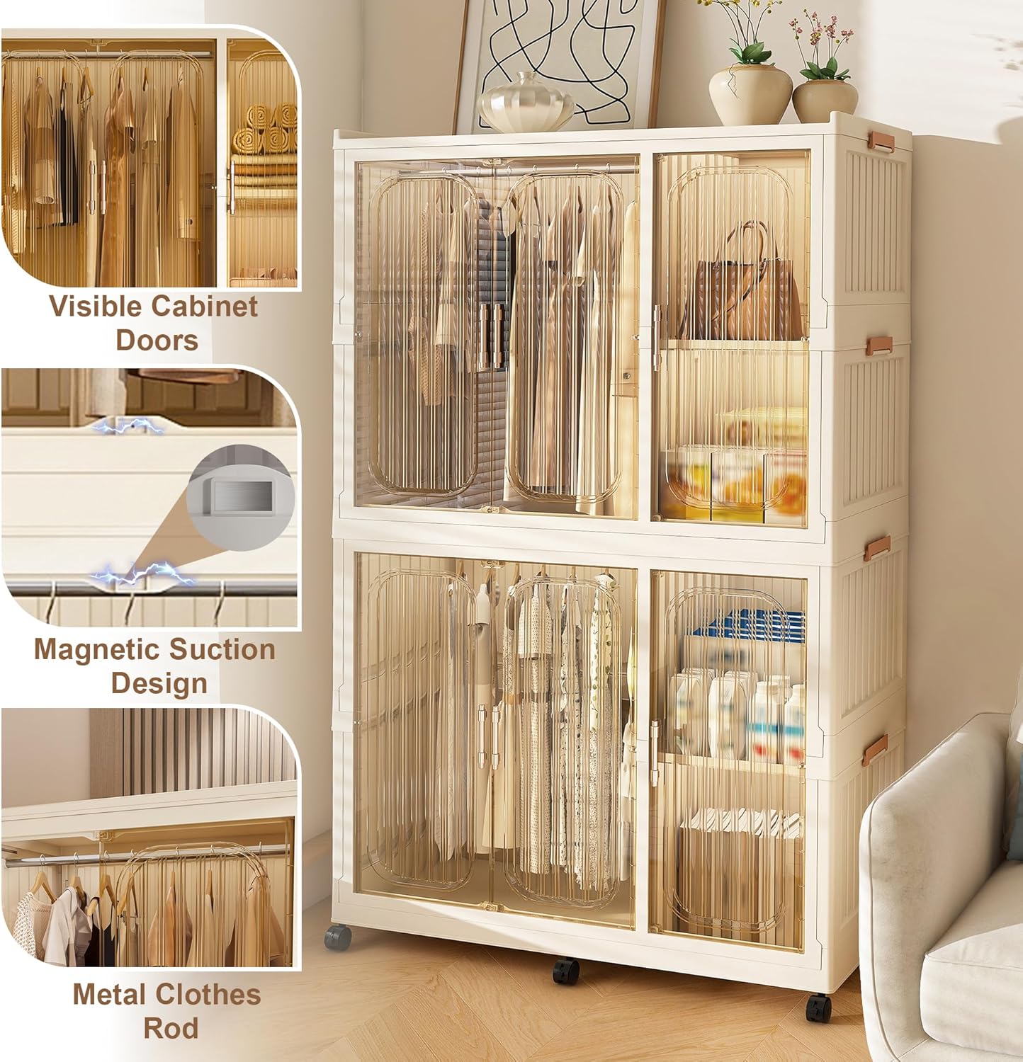 4-Cube Kids Plastic Wardrobe with Magnetic Doors & Wheels