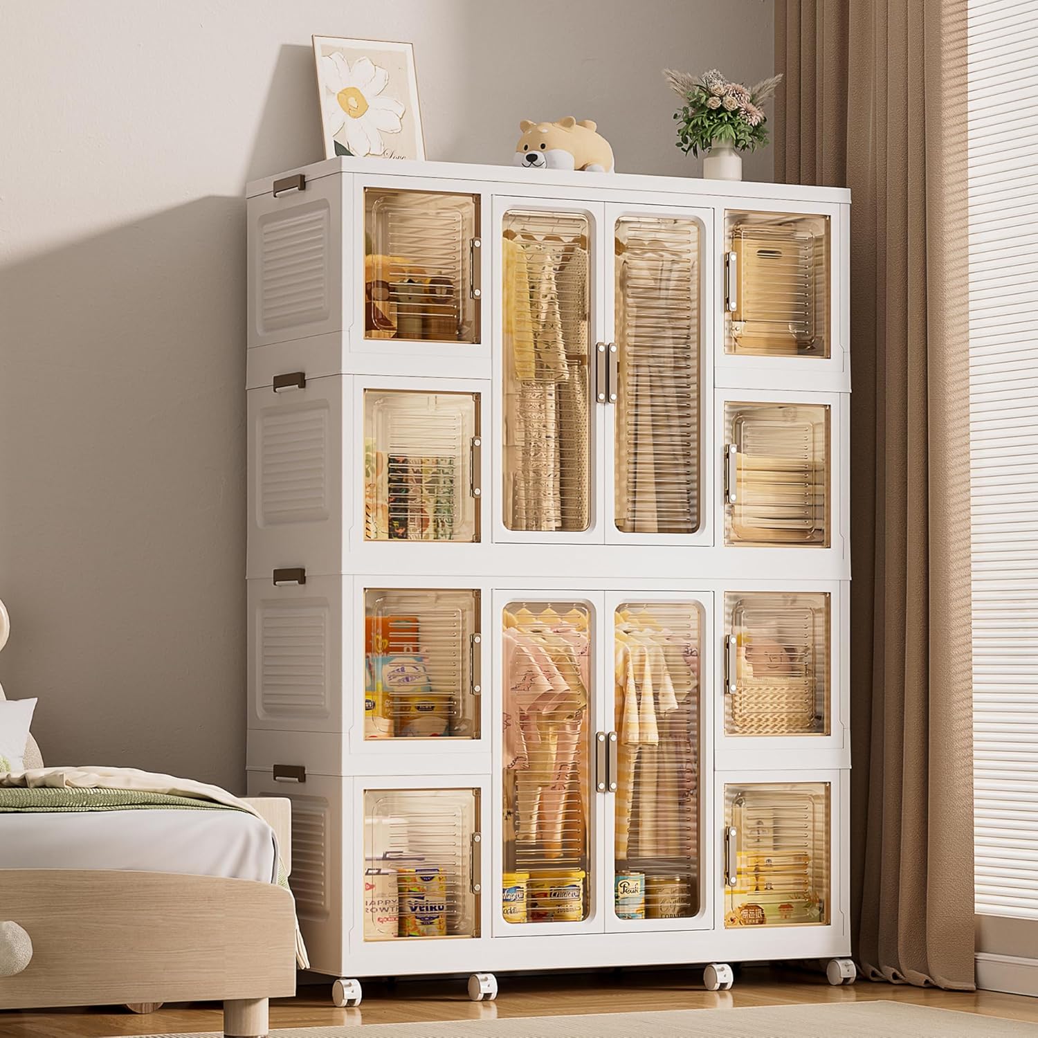 4-Cube Kids Plastic Wardrobe with Magnetic Doors & Wheels
